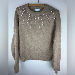 Elegant Tan Sweater with Pearl Accents
